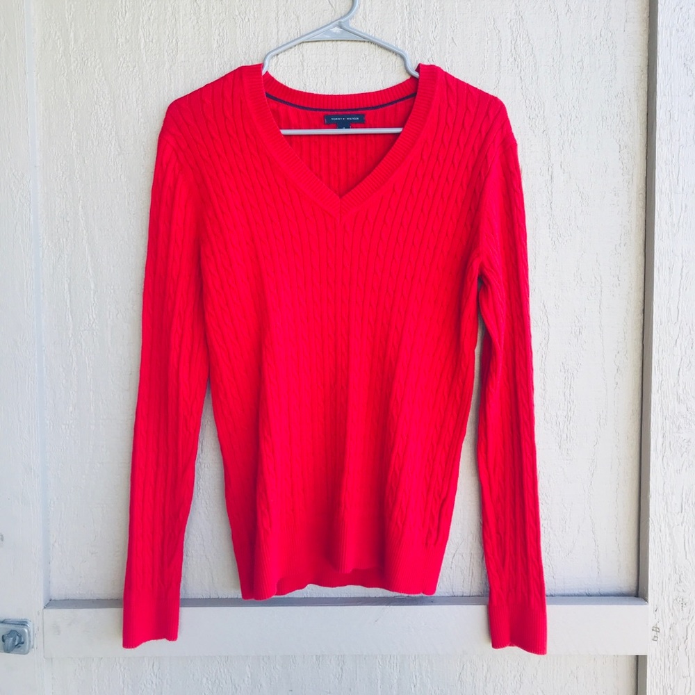 Tommy Hilfiger Women's Red V Neck Sweater Size M